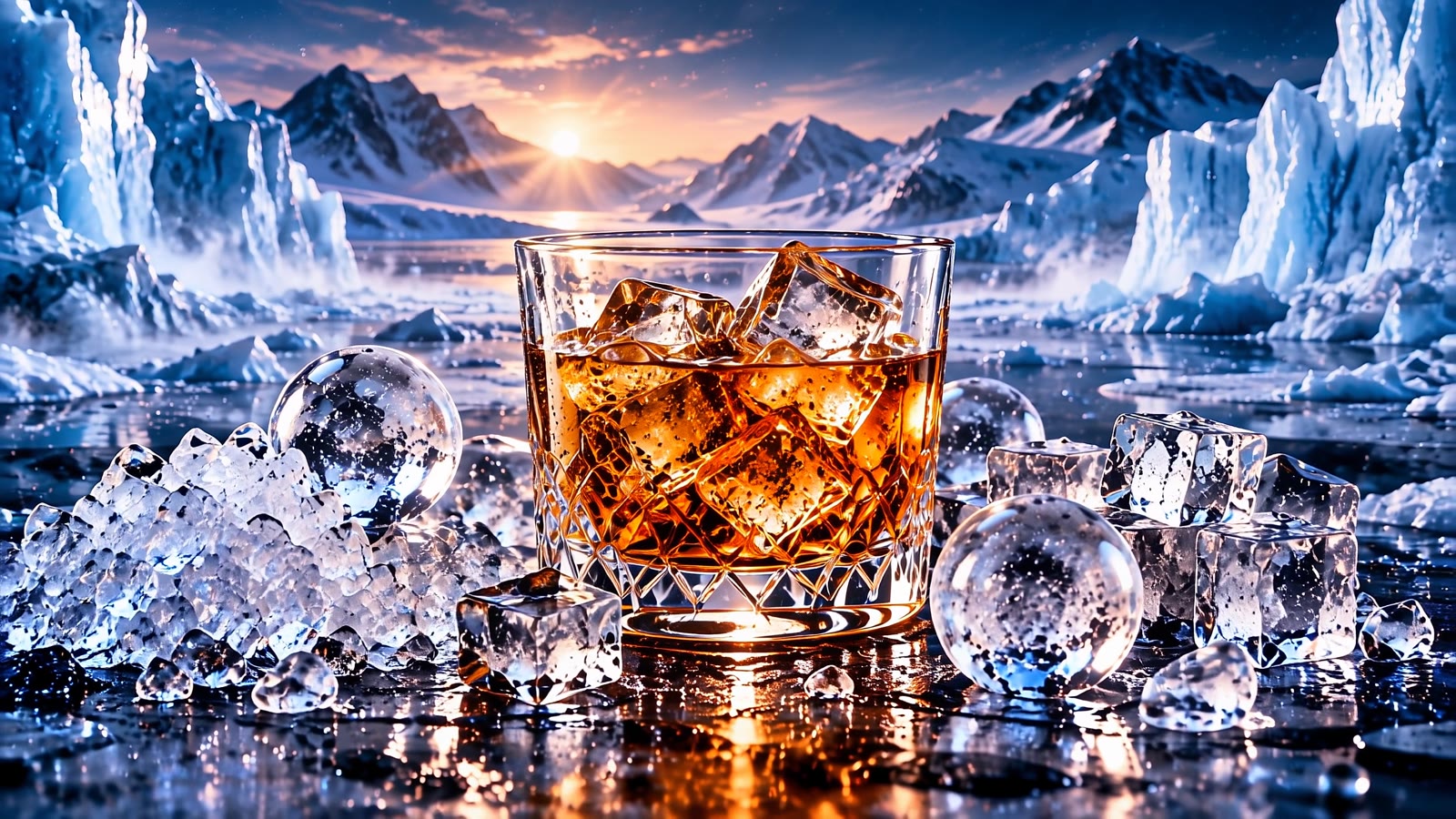 Vaso de bebida ámbar con hielo Hielo Super Cool frente a glaciares